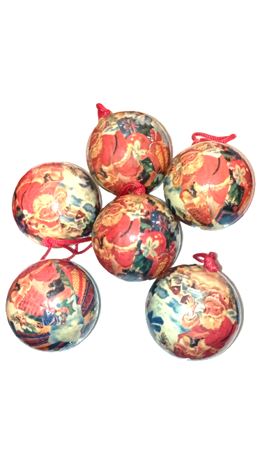 6-Vintage Santa Claus Papier Mache Medium Holiday Christmas Tree Ball Ornaments