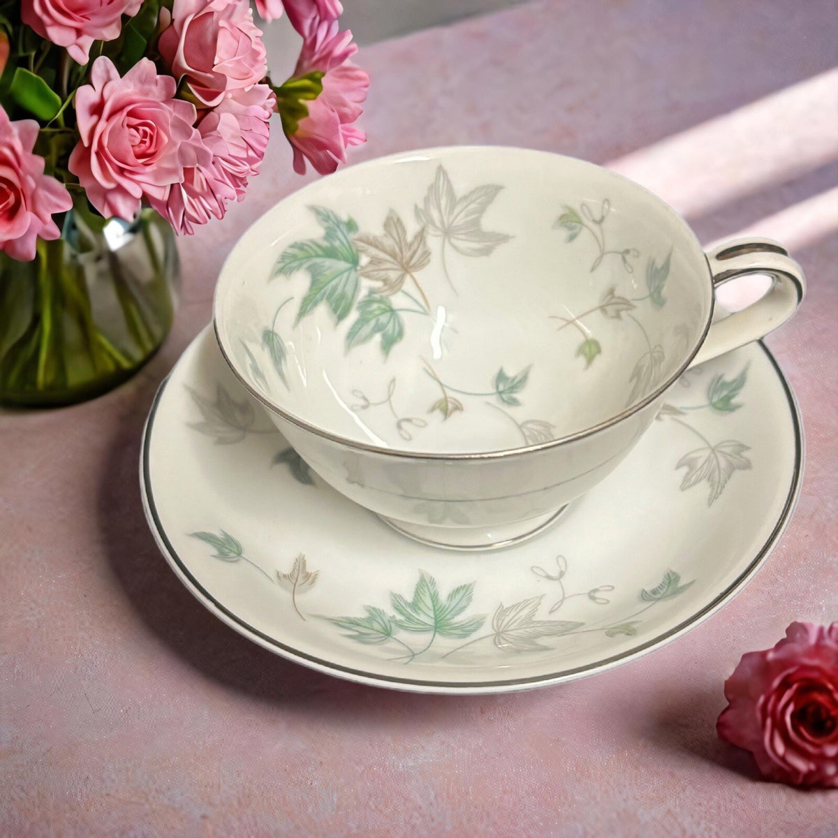 Noritake Greenwood 4-Footed Cups 4 Saucers Tea Set Silver Trim Leaves Japan 5769