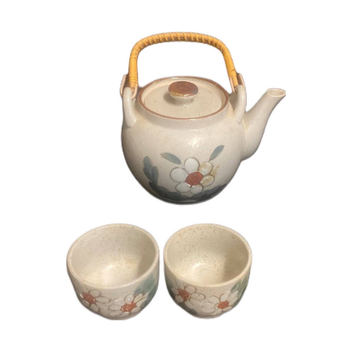 Vintage Lidded Teapot & 3 Cups Floral Stoneware Tea Kettle Ceremony Pottery