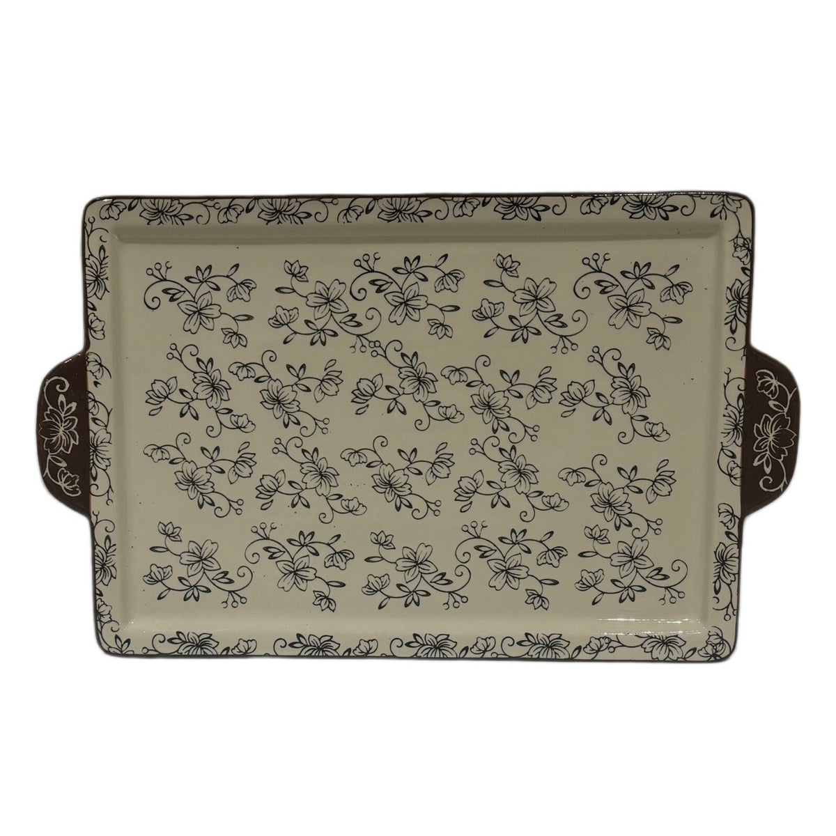 Temp-tations FLORAL LACE Serving Platter Ovenware Tray Burgundy Handles & Border