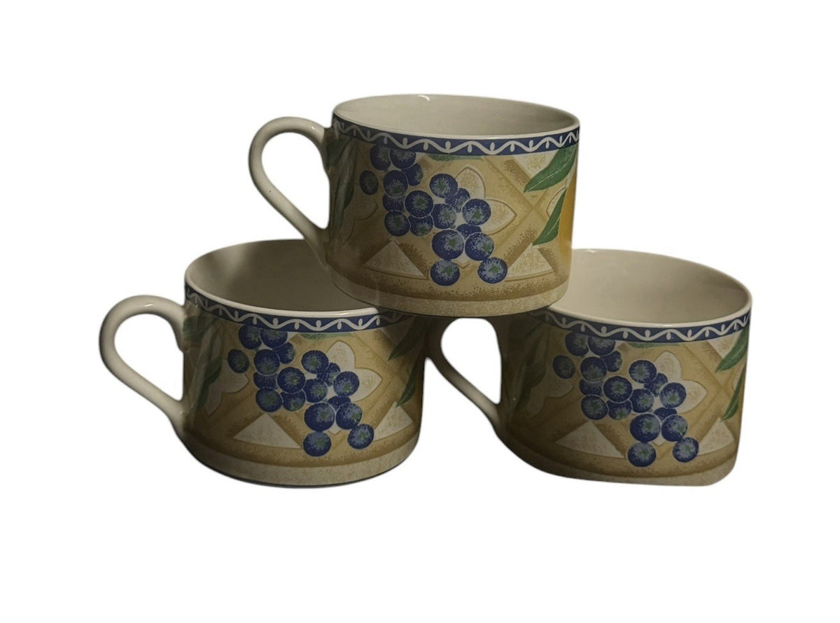 Sango Delight 4869 Set of 3 Coffee Tea Cups Fruit Pattern Stoneware Vintage