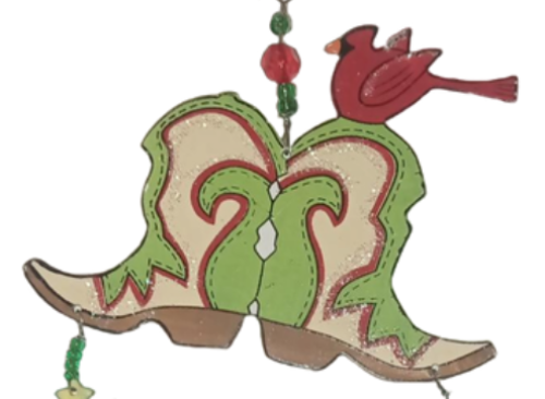 Cowboy Boots With Christmas Tree & Hat Hanging Metal Ornament 5 1/2"