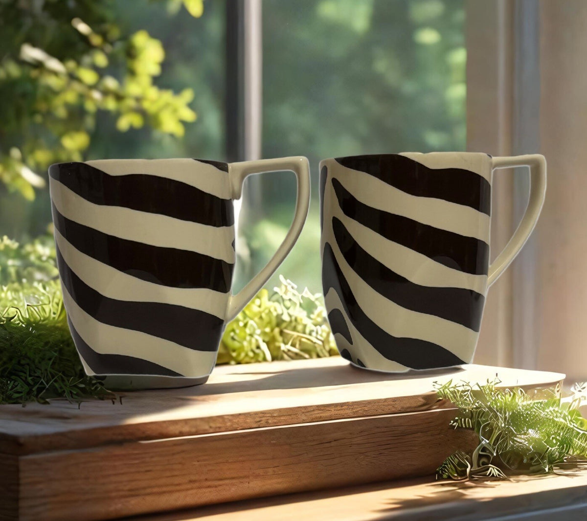222 Fifth 2-Mugs BROWN ZEBRA Fine Porcelain Coffee Tea Cups Stripes PTS Int'l