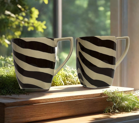 222 Fifth 2-Mugs BROWN ZEBRA Fine Porcelain Coffee Tea Cups Stripes PTS Int'l