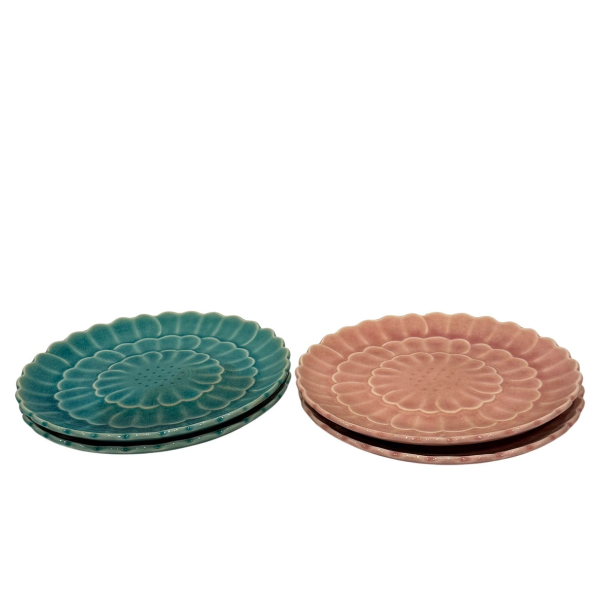 Japanese Lotus Flower 4-Plates Kotobuki Turquoise Pink Celadon Style Ceramic