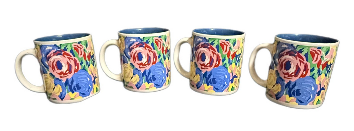 KIC Franco Hand Painted Style Floral Coffee Mugs Set 4 Blue Interior Korea 10 oz