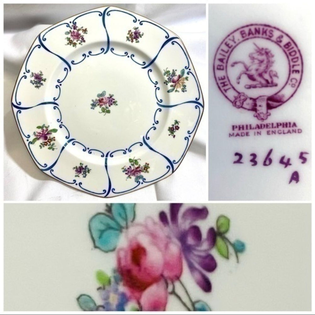 Rare BAILEY BANKS & BIDDLE 5-Dinner Plates Octagonal England 23645A Floral