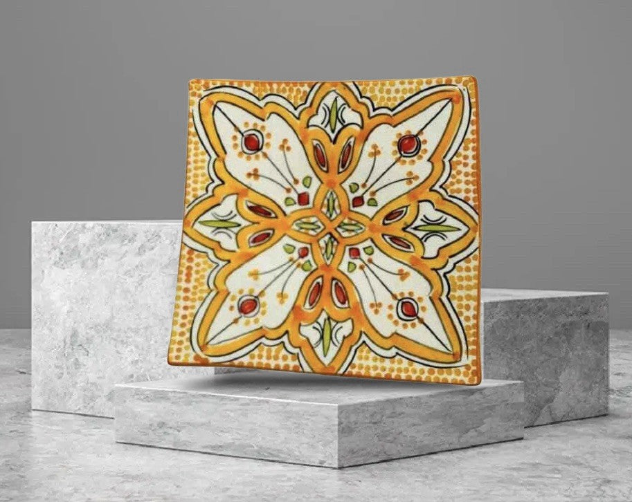 Handmade Moroccan Orange Pottery 4-Plates 6.5” D Square Salad Bread Appetizer
