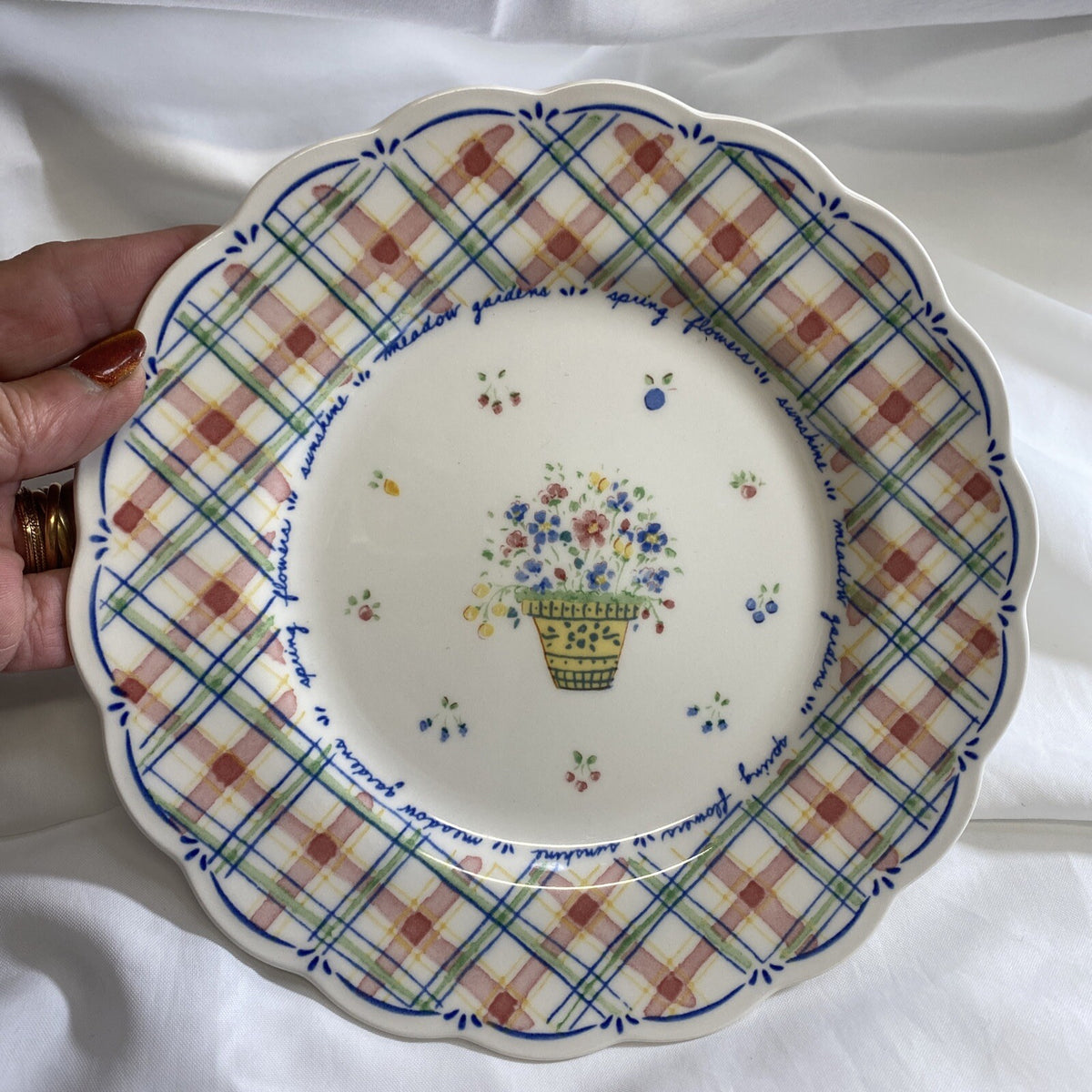 Nikko DENA'S GARDEN Salad Plate Floral Plaid 1998 Japan Freezer Oven Safe 8" D