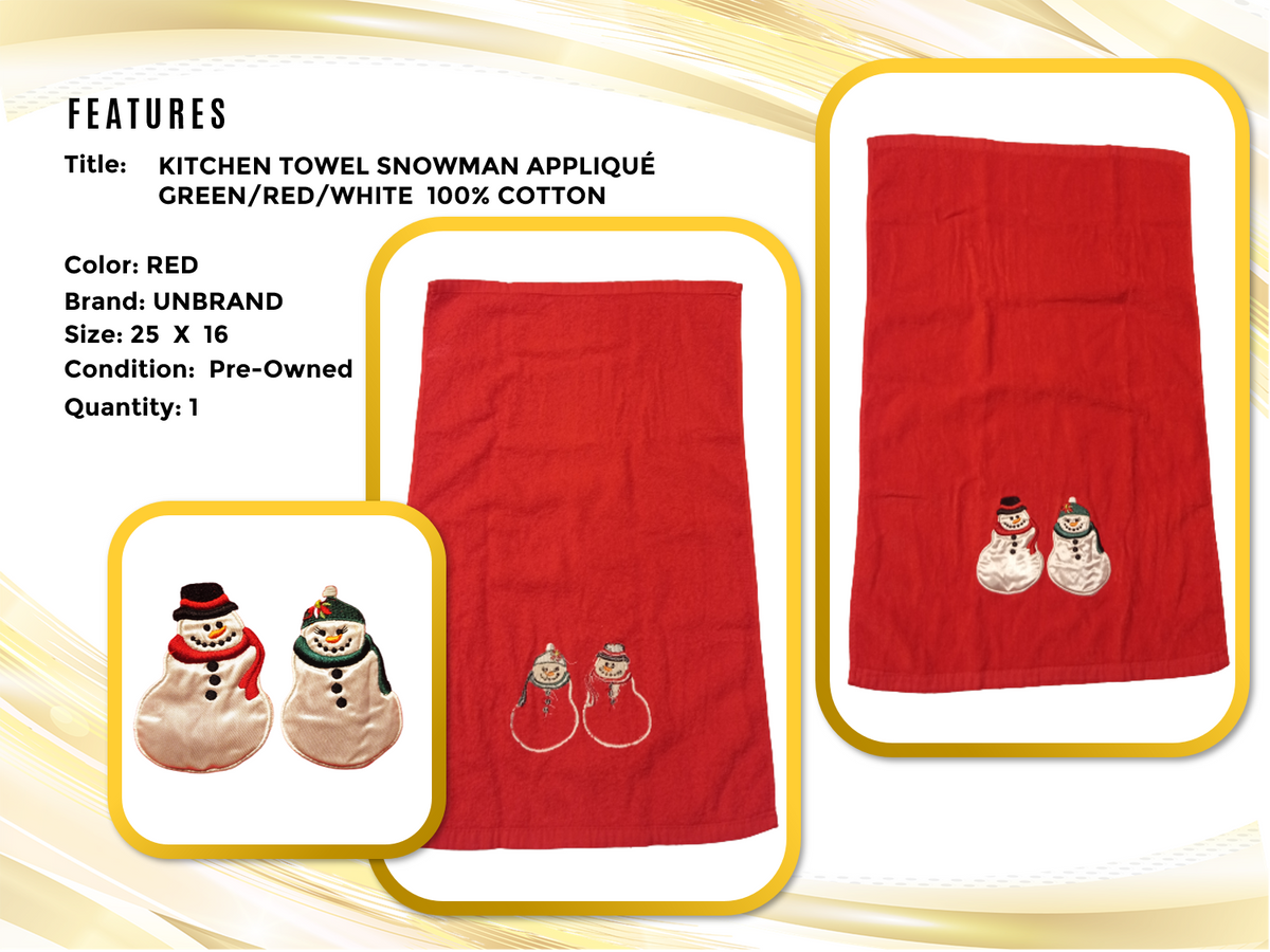 Snowman Appliqué TOWEL Publix Green Red White Cotton 25”L X 16”W
