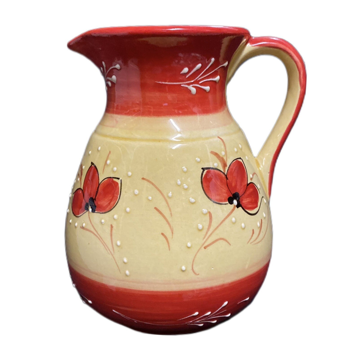 SPAIN Pitcher  HNOS. PEDRAZA Ceramic Spanish Textured Red White Yellow Vase