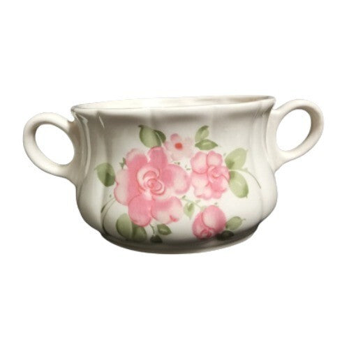 Gibson Designs ROSELAND 6-Soup Mugs 4 5/8" D Pink Roses Pink Trim Tan Cereal Cup