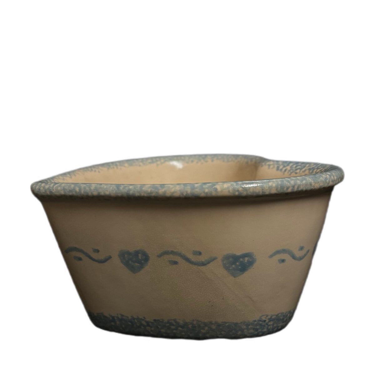 Vintage 1996 ABC Heart Shaped Deep Nesting Bowl Blue Spongeware Trim & Hearts