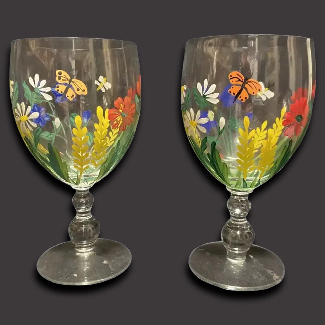 2-Hand Painted Wine Juice Water Cocktail Clear Glass Colorful Flowers Butterfly