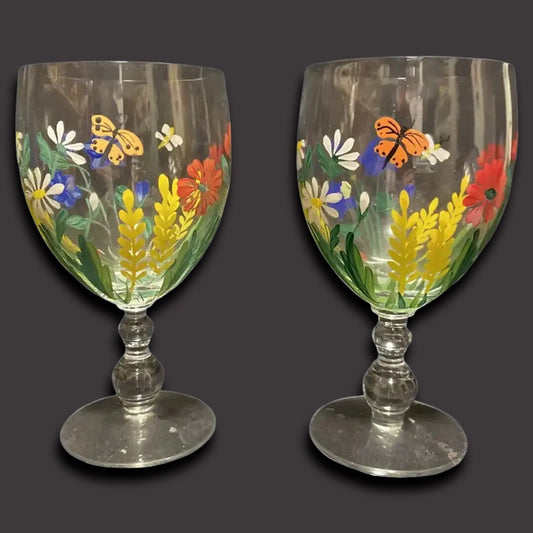 2-Hand Painted Wine Juice Water Cocktail Clear Glass Colorful Flowers Butterfly