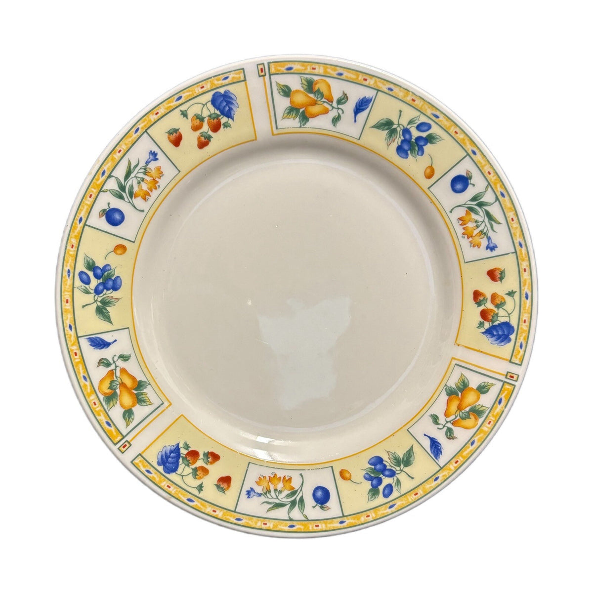 Gibson Designs FRUIT A PLENTY 4-Salad Plates Fruits Yellow Border Dessert Dish