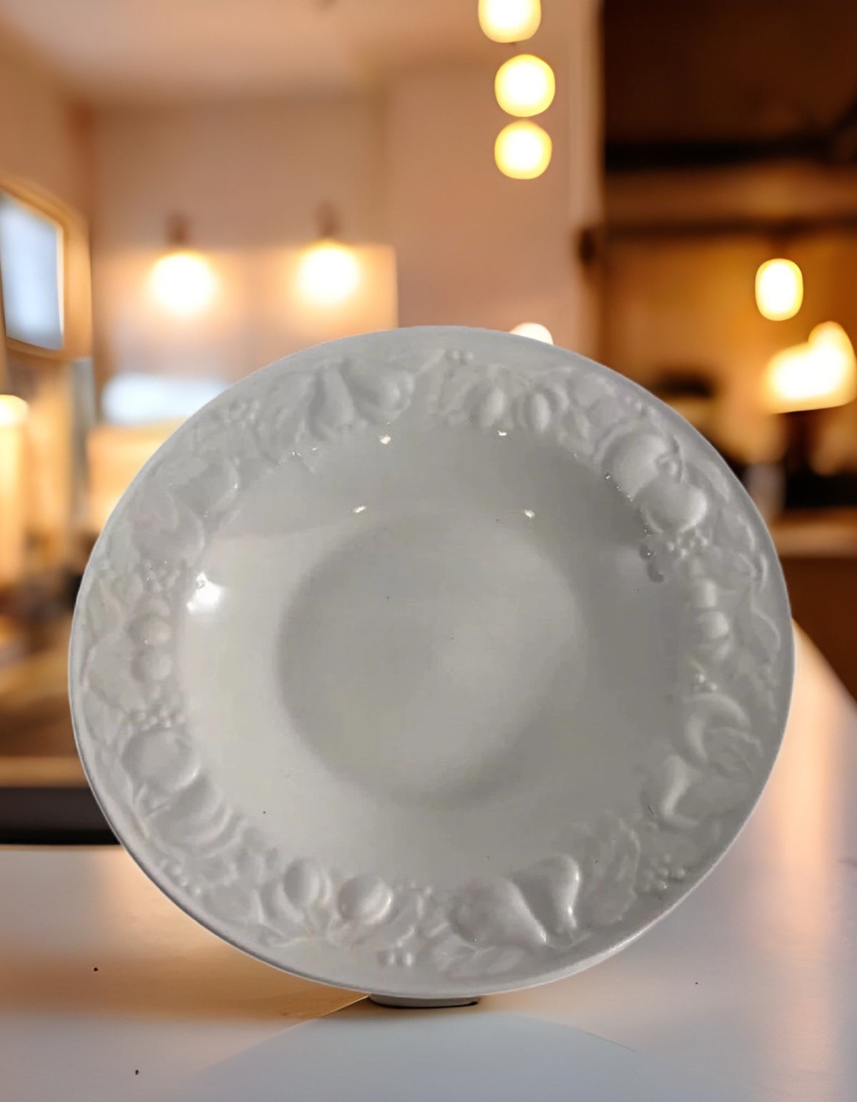 Fruit de Blanc Tabletops Unlimited  4-Coupe Soup Bowls Set Embossed Fruit (1995)