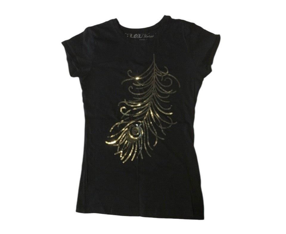 LOL Vintage Women’s Large Black T-Shirt ✦ Gold Sequin Peacock Feather Design Top