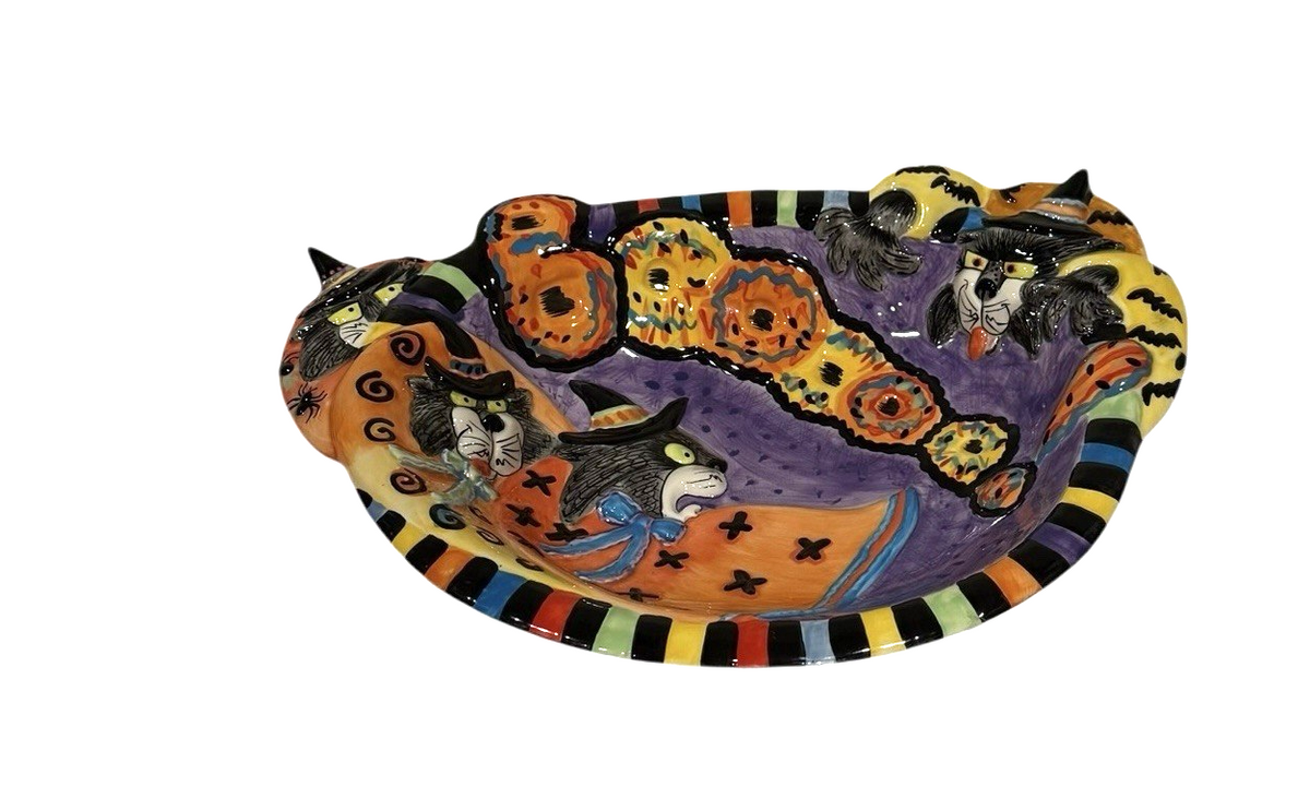 Fitz and Floyd Kitty Witches Halloween Cat Bowl Large 14” Handcrafted Ceramic