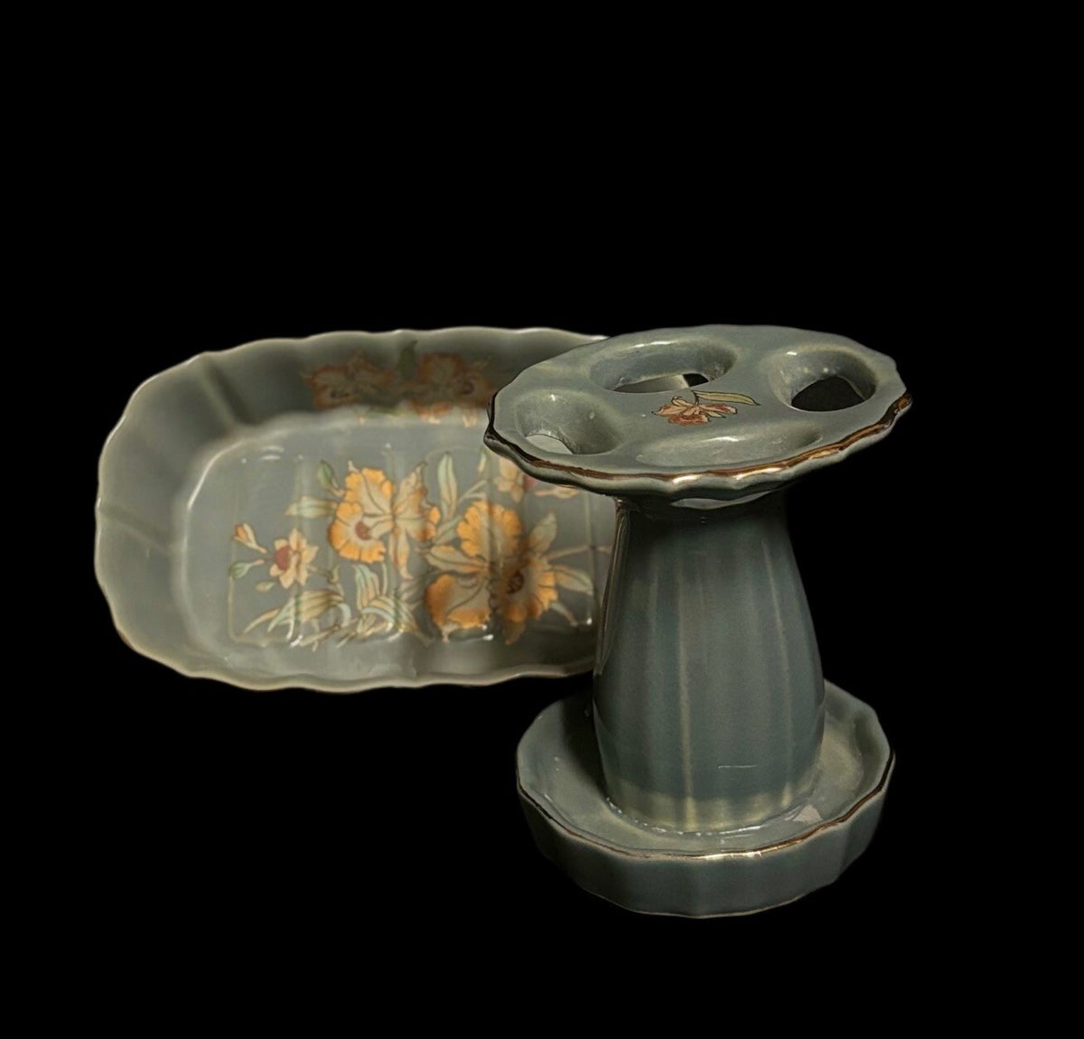 IMPERIAL JAPAN 2 Piece Soap Tray Toothbrush Holder Ceramic Floral Gold Accent