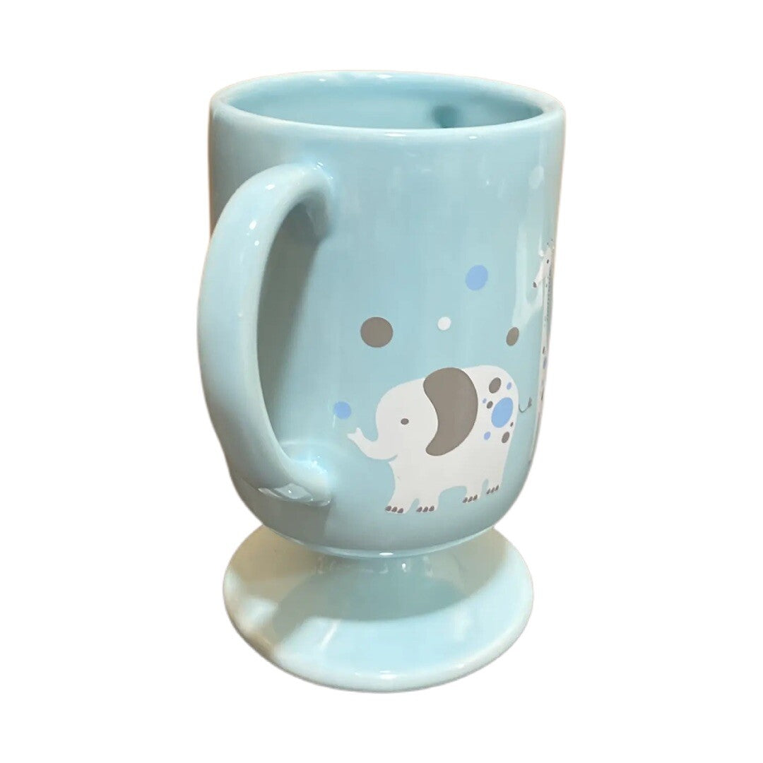 Teleflora MIGI Pedestal Mug Baby Boy Blue Cup Two Handle Lion Elephant Giraffe