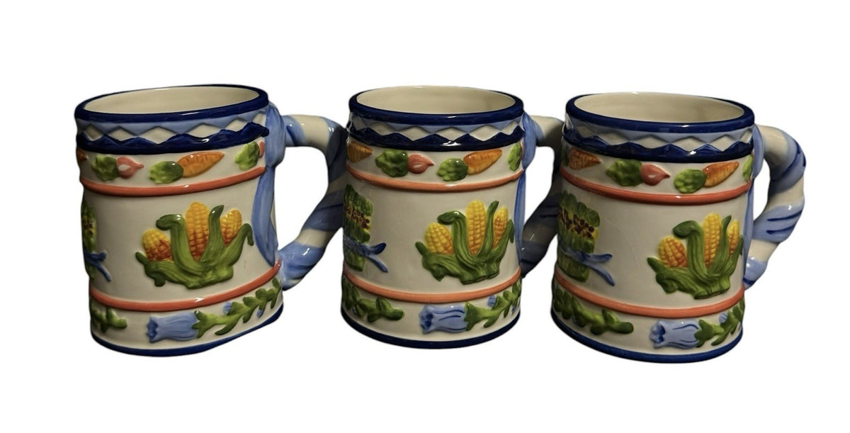 ZRIKE Mug Hand Painted Set Of 3 Coffee Tea Cup Cornucopia Embossed  4 1/2" H