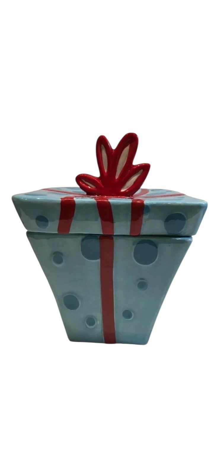 Sleigh Bell Bistro Ceramic Cookie Candy Jar Present Shape Aqua Red Bow Holiday