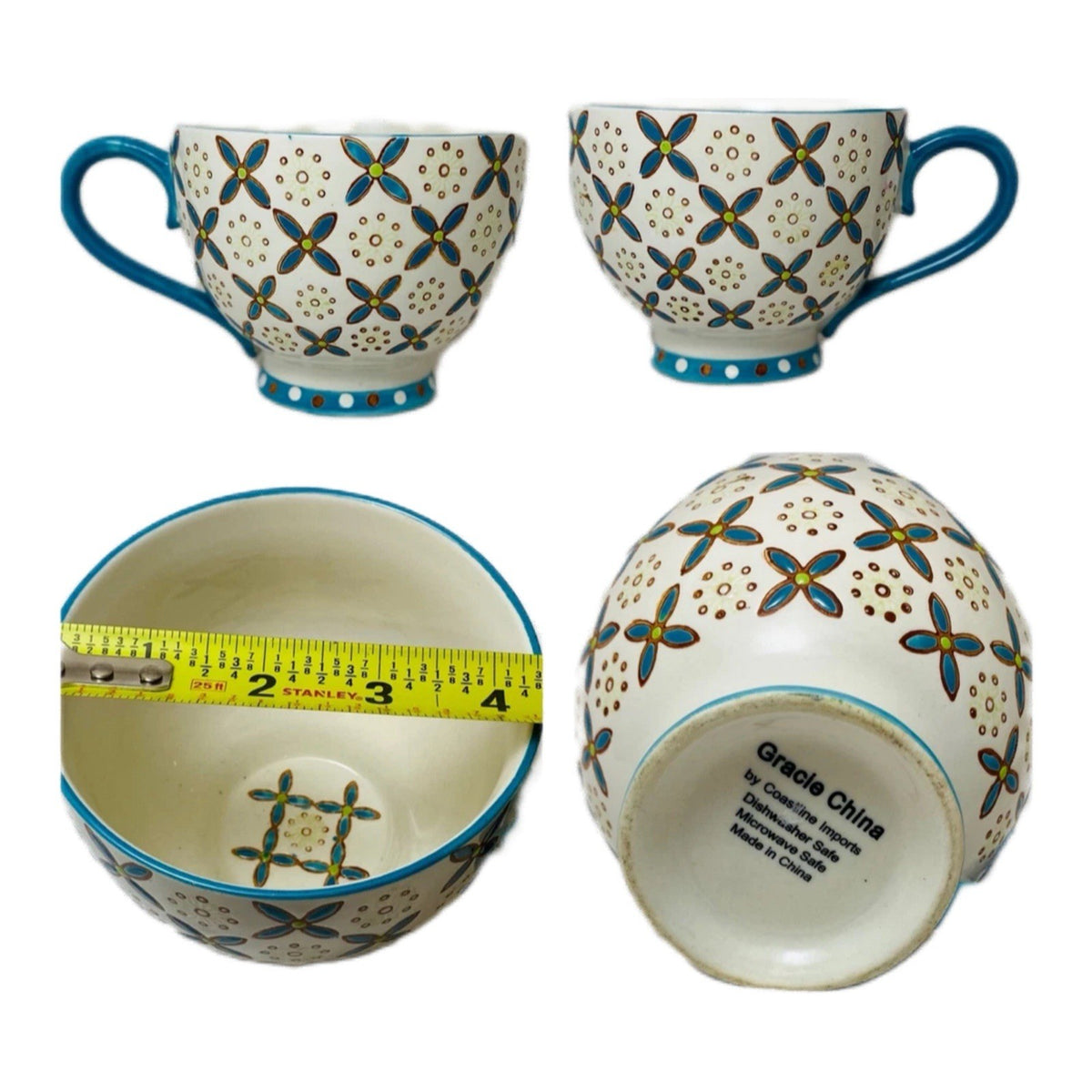 Gracie China Mug 12 oz Footed Cup Floral Off White Blue Teal Coastline Imports