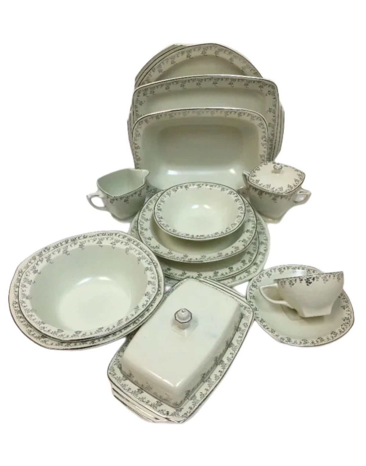 Vintage Homer Laughlin 58 Piece JADE SILVER China H33N8 Silver Flowers
