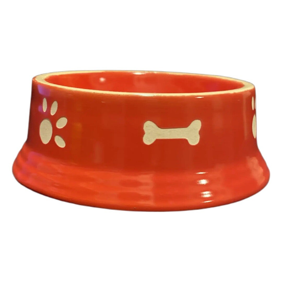 RED and WHITE Dog Bowl Food Water Stoneware Dish White Carved in Bones and Paws
