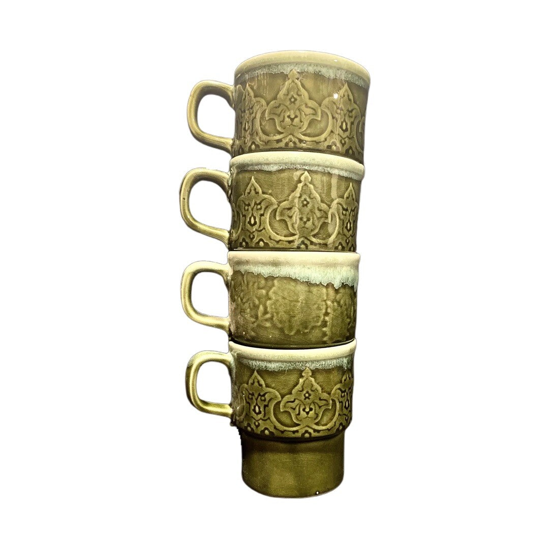 Vintage Japan Green Drip Glaze Stackable Coffee Mugs Set of 4 Geometric