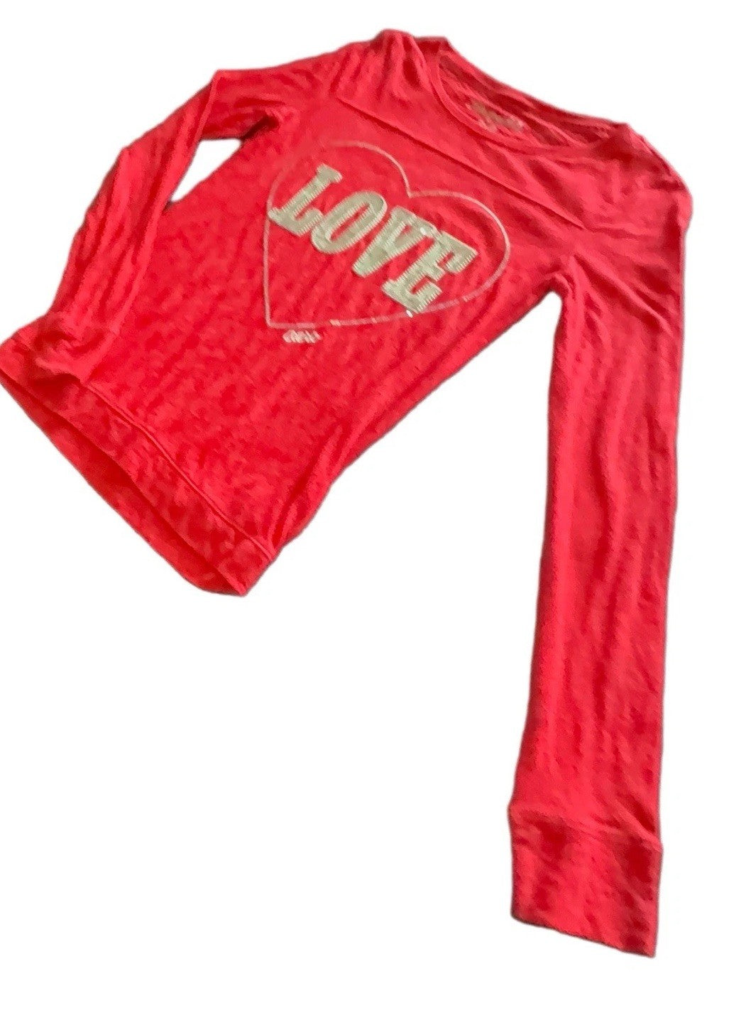 Aeropostale Girls Red Sequin LOVE Long Sleeve Shirt Heart Graphic Top S/P