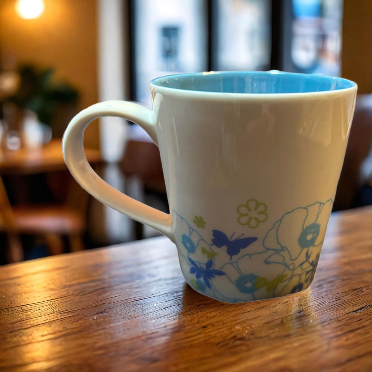 Vintage STARBUCKS 2006 Flowers Butterflies Blue Interior Coffee Tea Cup 11oz.