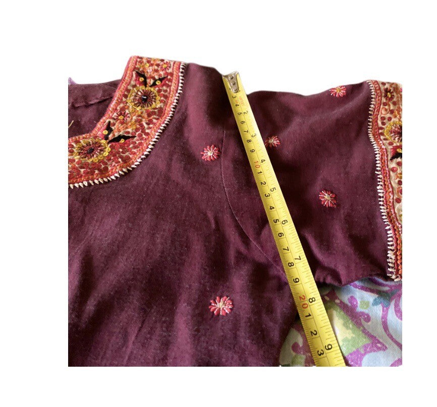 Women Embroidered Dress Kurti Indian Embellished Mirrors Tunic Top Purple Kurta