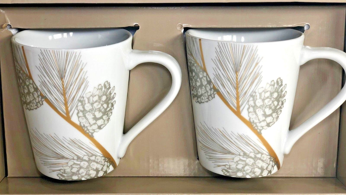 St Nicholas Square Pinecone Mugs Set of 2 Gold Silver White Holiday Winter Cups