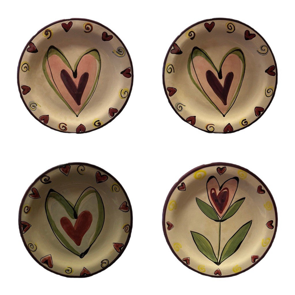 TIKA Home ETC Hand Painted Heart Plates Set of 4 Colorful Ceramic 8.5” EUC