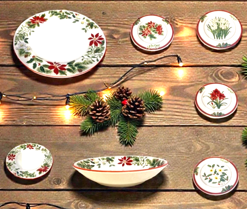 American Atelier Holiday Floral Christmas 16-Piece Stoneware Dinnerware Set