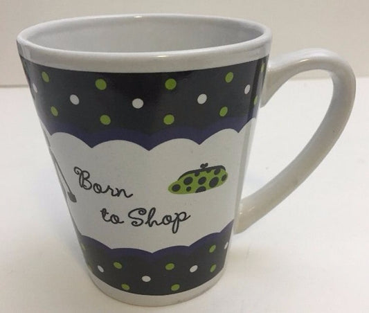 Vintage TRISA Coffee Mug “Born to Shop”  12 Oz Polka Dots Cup