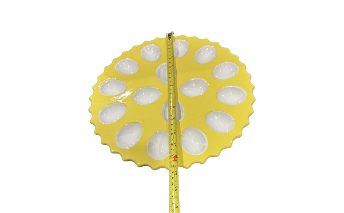 Kate Williams Yellow Deviled Egg Tray Plate 12” Round Holds 16 Eggs Global Desig