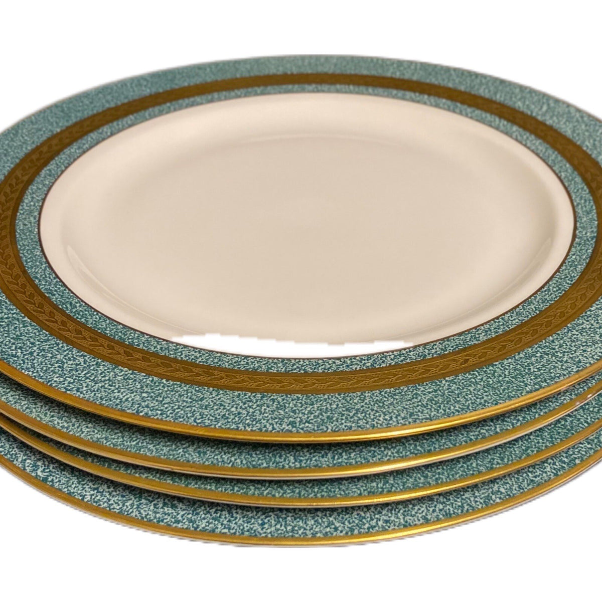 Theodore Haviland NY 4-Dinner Plates Green Mosaic Gold Trim Band Porcelain Dish