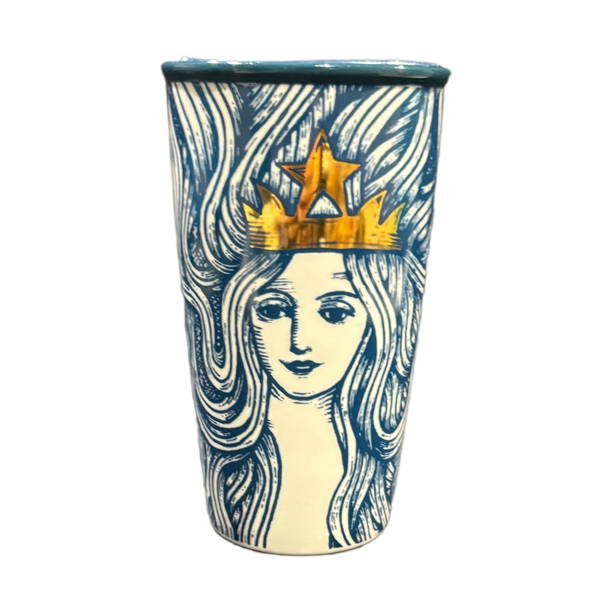 Starbucks 2016 Blue Siren Tumbler 12oz Gold Crown Limited Edition w/ Lid