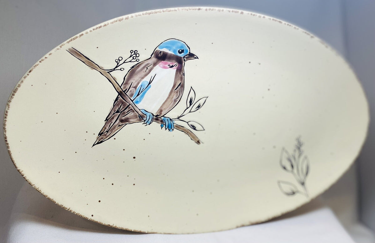 Inhomestylez Oval Ceramic Platter – Hand-Painted Bird Branch Design – 14”