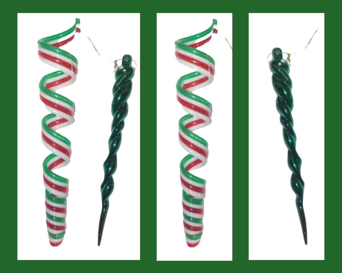Christmas Tree Ornaments Red White Green Mint Candy Spiral Green Icicle Hanging