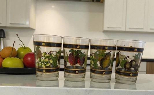 KIG Indonesia Fruit Drinking Glasses, Set of 4 — Strawberry, Grape, Plum & Pear, 6 oz (Vintage)