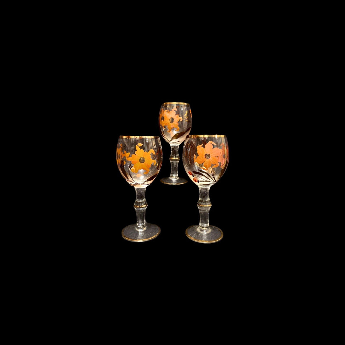 Vtg. Bohemian Romanian Handpainted 3 Floral Gold Trim Clear Cocktail Juice Glass