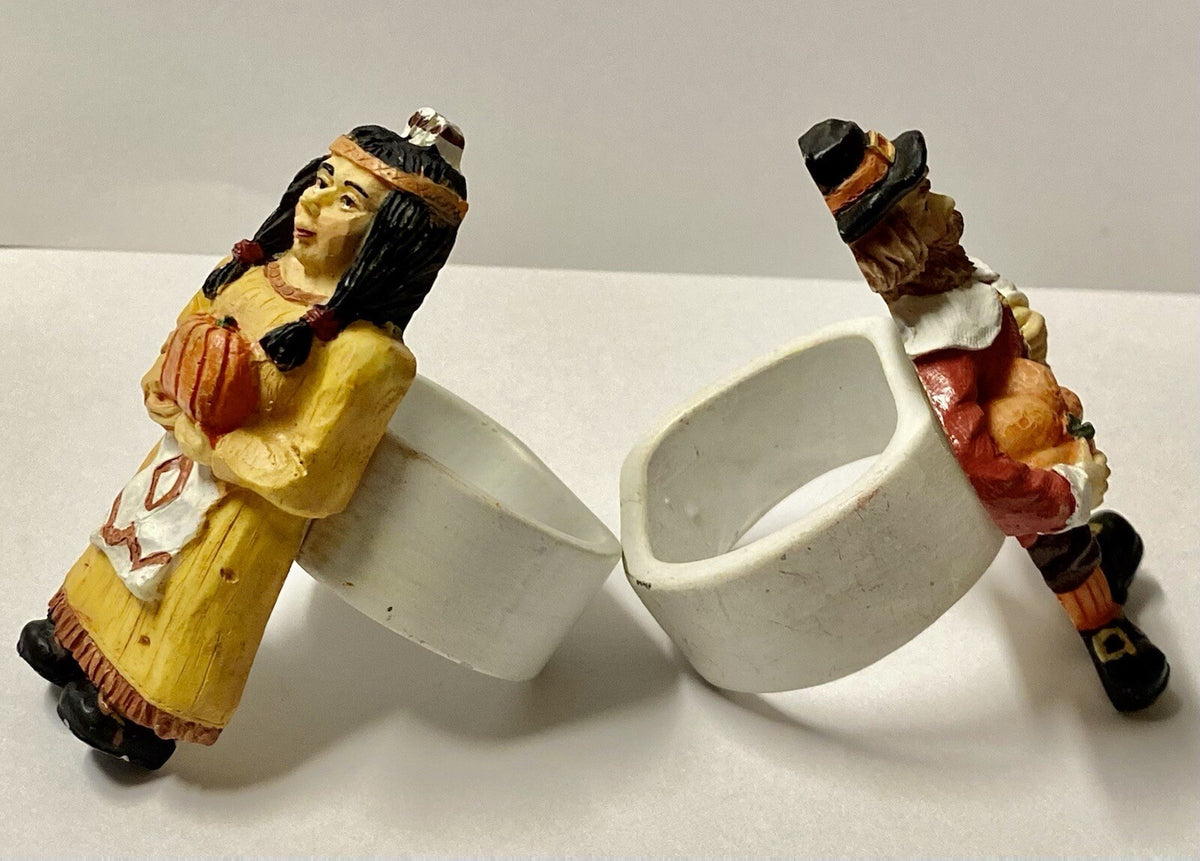 Rare Thanksgiving Ceramic Napkin Holder Pilgrim Pumpkin Harvest Boy Girl