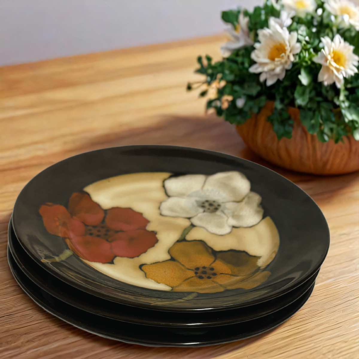 Pfaltzgraff Studio SARINA 3 Salad Plates Poppies Floral Stoneware Dessert Dish