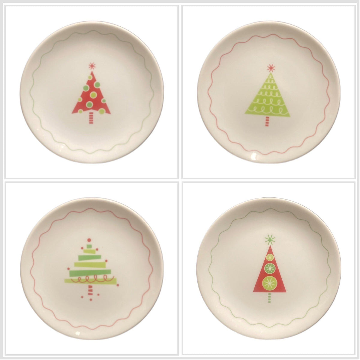 CRATE & BARREL 4 Dessert Plates Whimsical Trees Christmas Appetizer Bread Butter