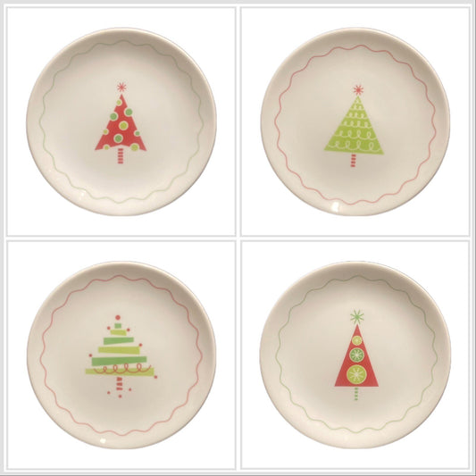CRATE & BARREL 4 Dessert Plates Whimsical Trees Christmas Appetizer Bread Butter