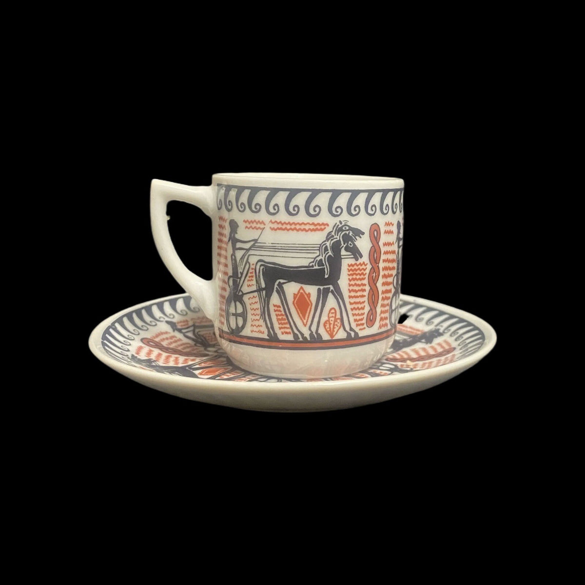 Vintage N. Leontaritis 2-Espresso Cups & 2-Saucers Horse Chariot Greece